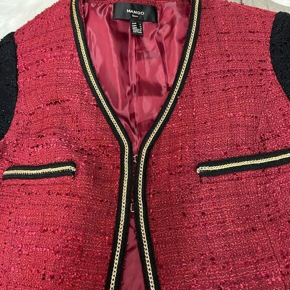 MANGO Red & Black Tweed Blazer Jacket with gold chain trimming C14 - Picture 10 of 13